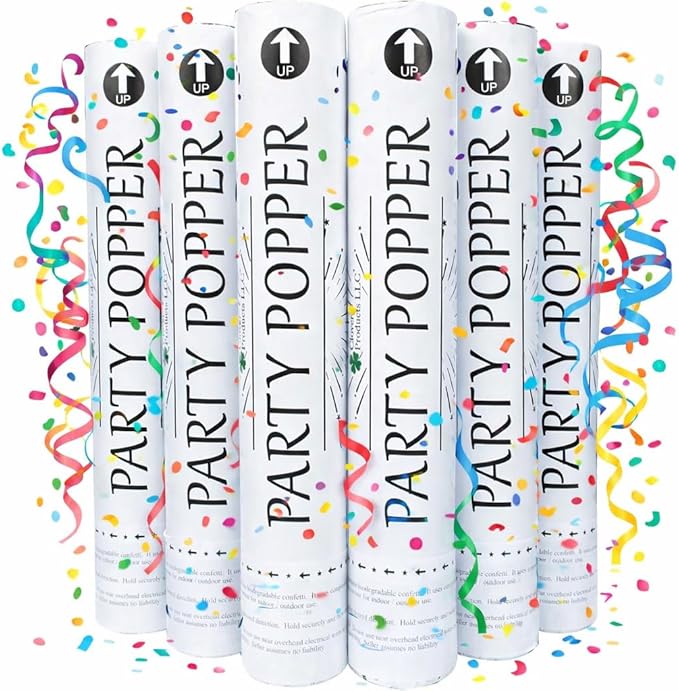12" Biodegradable Confetti Cannons | 6 Pack Confetti Poppers Multicolored - Weddings, Birthdays & Parties | Air-Powered Poppers Shoot 25 Feet | Safe for Indoor & Outdoor.