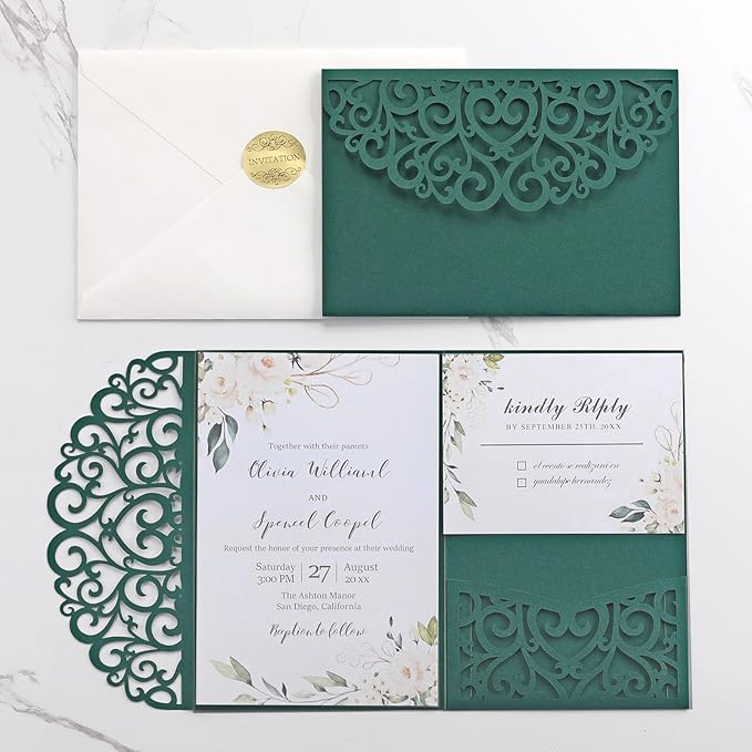 AdasBridal 50PCS Green Wedding Invitations with Envelopes and Rsvp Cards Laser Cut Invitations 4.9x7.1 Customized Invitation Cards Pearl Paper Inserts for Wedding Quinceanera Bridal Shower Party