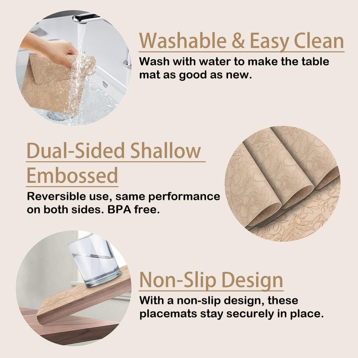 SolaraDawn Faux Leather Placemats Set of 4 Beige, 17" ร 12" Waterproof & Heat-Resistant Dining Place Mats, Easy Wash Clean, Wipeable & Anti-Slip Table Mats with Shallow Embossed Texture