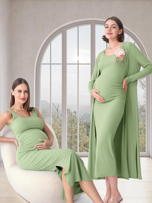 Rnxrbb 2 PCS Fall Winter Maternity Dress Cardigan Set Long Bodycon Maxi Formal Dresses Boho Baby Shower for Women