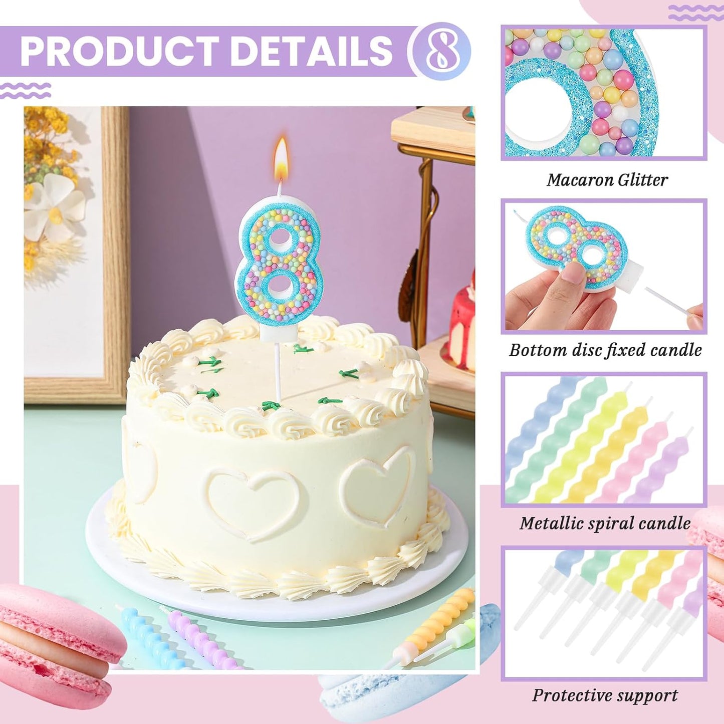 MTLEE Number 8 Birthday Candle with 12 Pcs Spiral Candles for Girls Macaron Pastel Rainbow Unicorn Pink Cake Topper for Sweet Theme Party Decoration