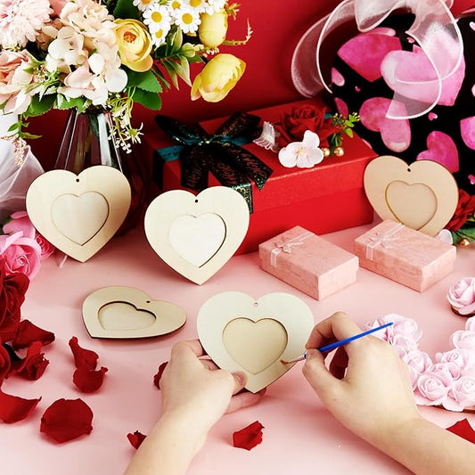 BreezeHug 36 Sets Heart Crafts DIY Picture Frames Kit Unfinished Wooden Photo Frame Ornament with Rope Mother's Day Party Decoration Art Gift for Classroom Exchange Home Favor Valentines Supplies