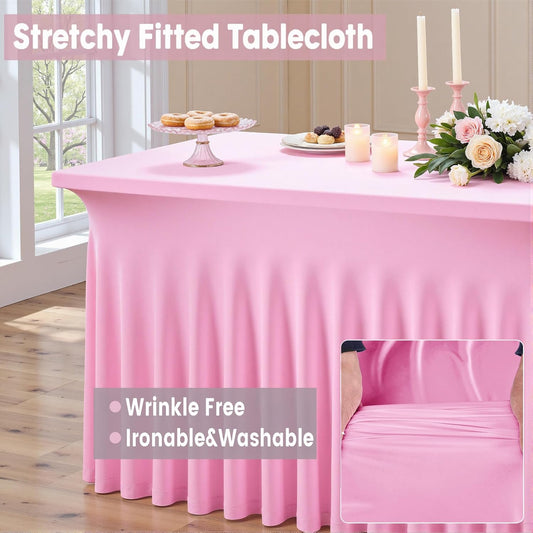 Outpain 6ft Spandex Table Cloth for Standard Folding Tables-4Pack Baby Pink Table Cloth Table Protector for Party, Wedding, Cocktail, Banquet, Festival