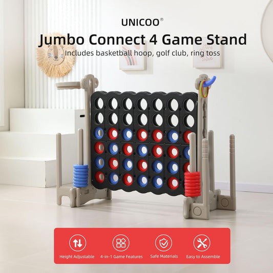 UNICOO® Jumbo 4 in a Row Game | Adjustable Height (2.5-3.5 FT) 4-to-Score Giant Yard Game Set for Kids & Adults w/Build-in Mini Games, Golf Clubs | Indoor/ Outdoor Games for Party & Family Fun