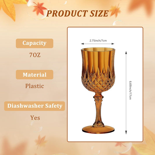 48PCS 7OZ Amber Wine Plastic Glasses, Drinking Champagne Glasses Flutes Crystal Vintage Water Unbreakable Goblets for Wedding, Parties