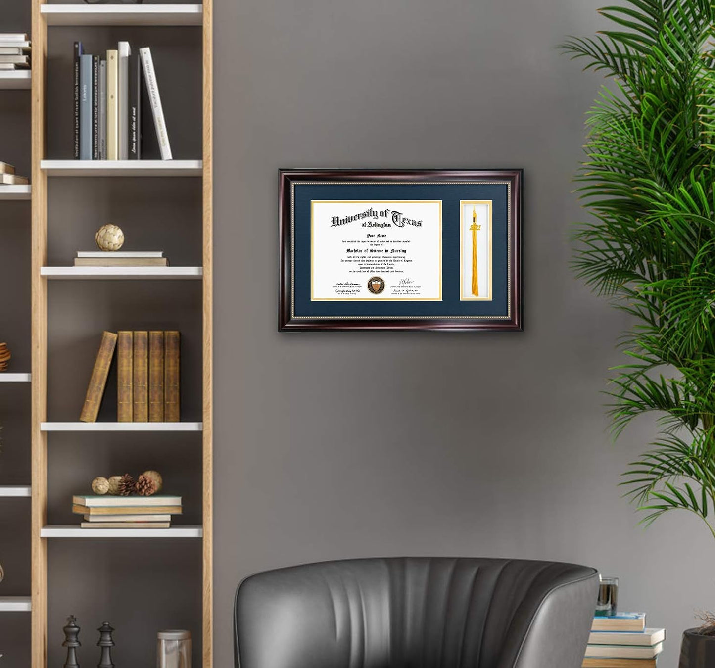 GraduationMall 11x17 Mahogany Diploma Frame with Tassel Holder for 8.5x11 Certificate Document,Real Glass, Navy Blue over Gold Mat