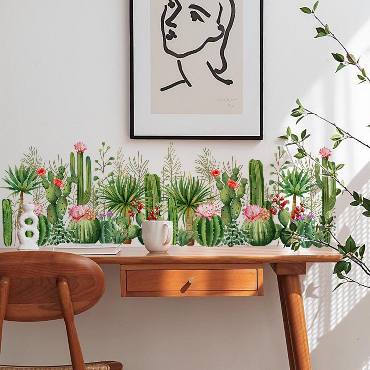 2 Pieces Cactus Wall Decals Vinyl Cacti Wall Stickers Removable Cactus Art Murals Peel and Stick Cacti Decor for Girls Bedroom Living Room Nursery