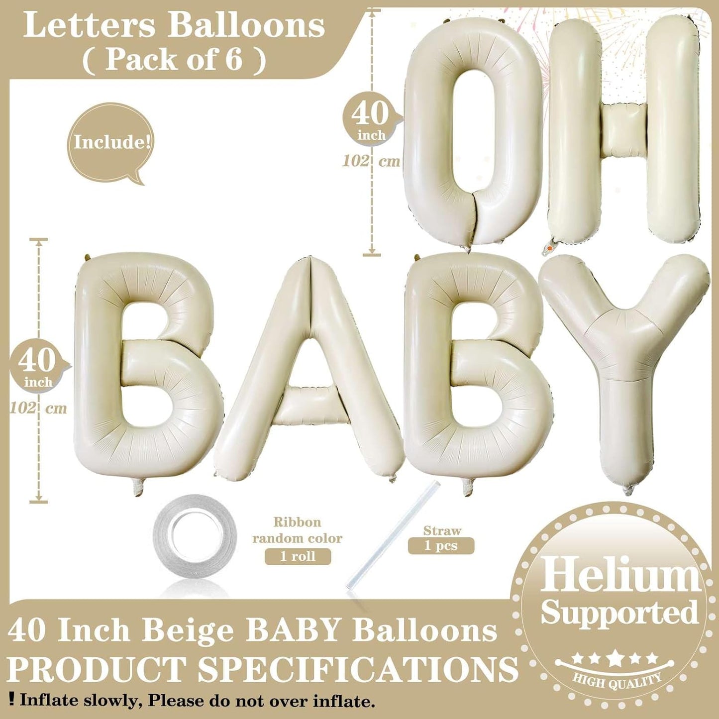 40 Inch Beige OH BABY Balloons, Giant Cream White Letters BABY Balloons Foil Mylar Helium White Letter Balloons for Baby Shower Party Supplies Celebration Decorations Alphabet White BABY