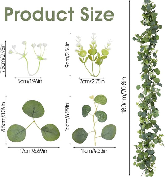 8 Pcs 5.9Ft Eucalyptus Garland, Artificial Eucalyptus Leaves with Flowers Faux Table Greenery Garland Fake Wreath Vines Decoration for Centerpiece, Wedding, Arch, Wall, Stair, Party