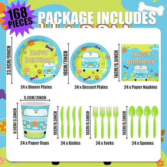 168PCS Mysterious Car Hippie Party Decorations for Kids Cartoon Dog Paw Themd 1st 2nd Birthday Party Supplies Groovy Daisy Favors Tableware with Plates Napkin Cups for 24 Guests