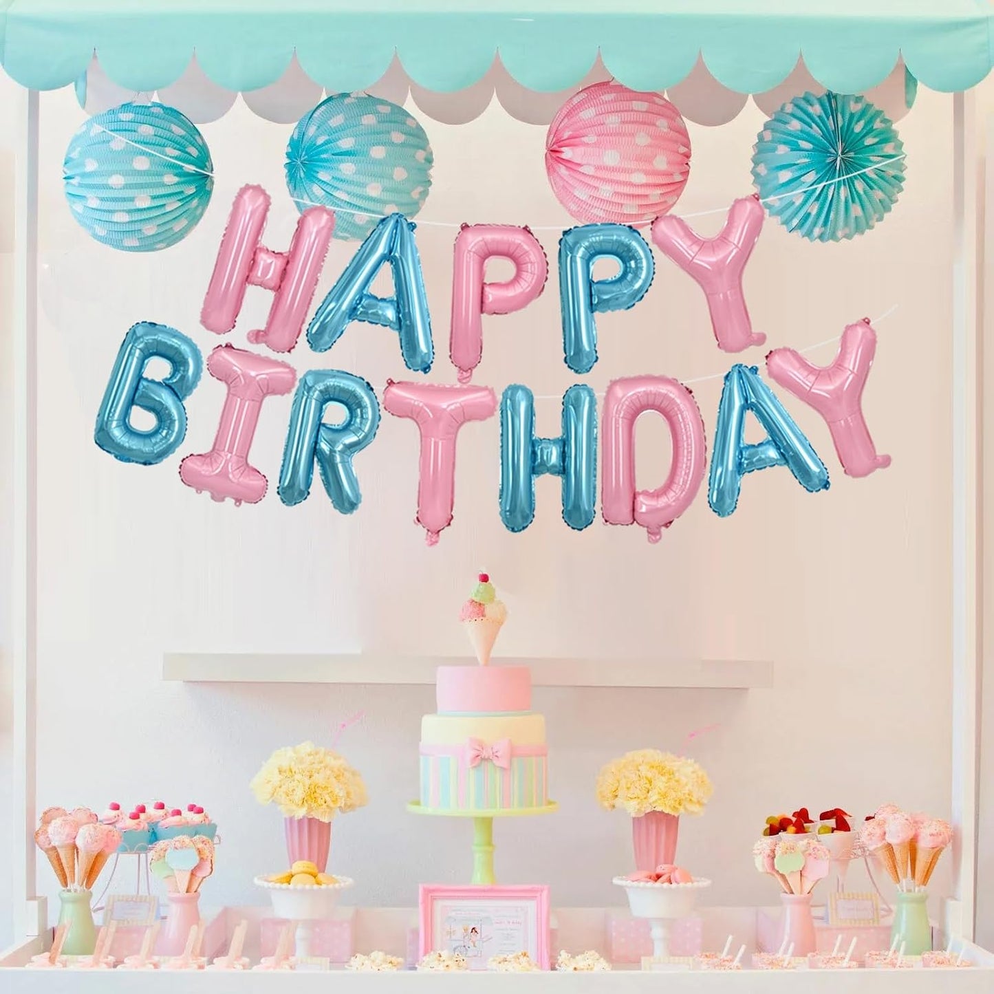 TONIFUL Happy Birthday Balloons Banner 16 Inch Mylar Foil Letters Birthday Sign Reusable for Girls Boys Kids & Adults Birthday Party Decorations Supplies(Light Pink Blue)