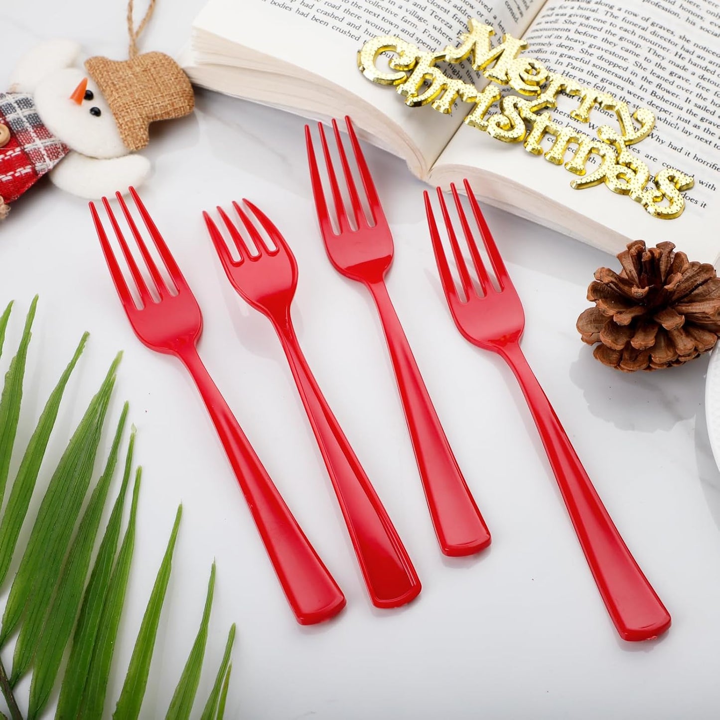 WDF 100 Red Christmas Forks - 7.4inch Heavy Duty Disposable Plastic Cutlery for Dessert Cake, Christmas or Daily Use
