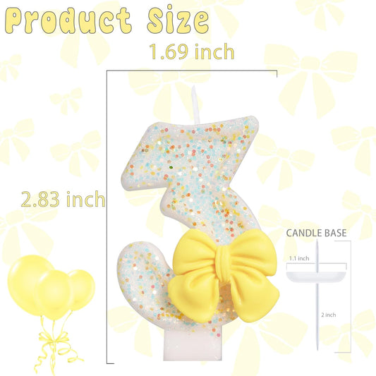 Birthday Candle for Cake, Yellow Bow Cake Candles, Cake Topper Decoration for Birthday Party (Number 3)