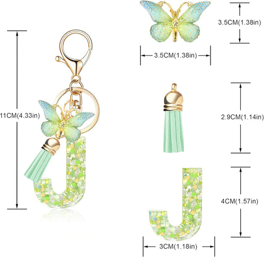 Fashion Alphabet Initial Letter Keychain Tassel Butterfly Pendant Key Ring for Purse Handbags Women Girl