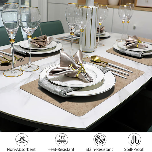 17" × 12" Faux Leather Placemats Set of 6, Beige, Washable, Wipeable & Heat-Resistant Table Mats, Waterproof & Anti-Slip Dining Place Mats with Shallow Embossed Texture for Kitchen & Dining & Outdoor