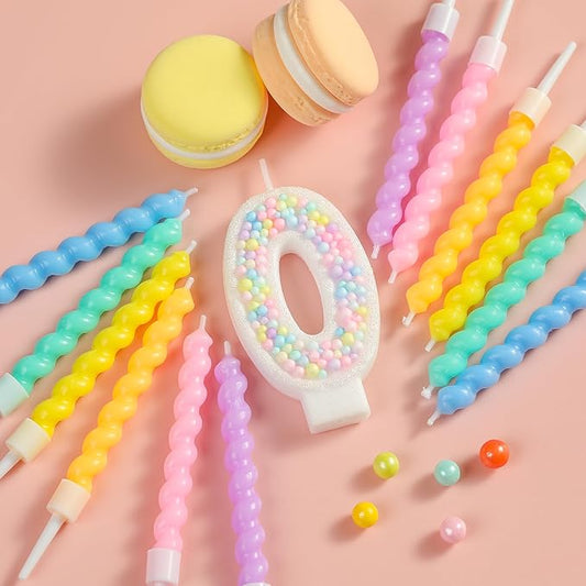 PHD CAKE Number 0 Birthday Candle Macaron Glitter Number Candle with Rainbow Spiral Candles in Holders for Cake Topper, Pastel Sweet Theme Party Decoration