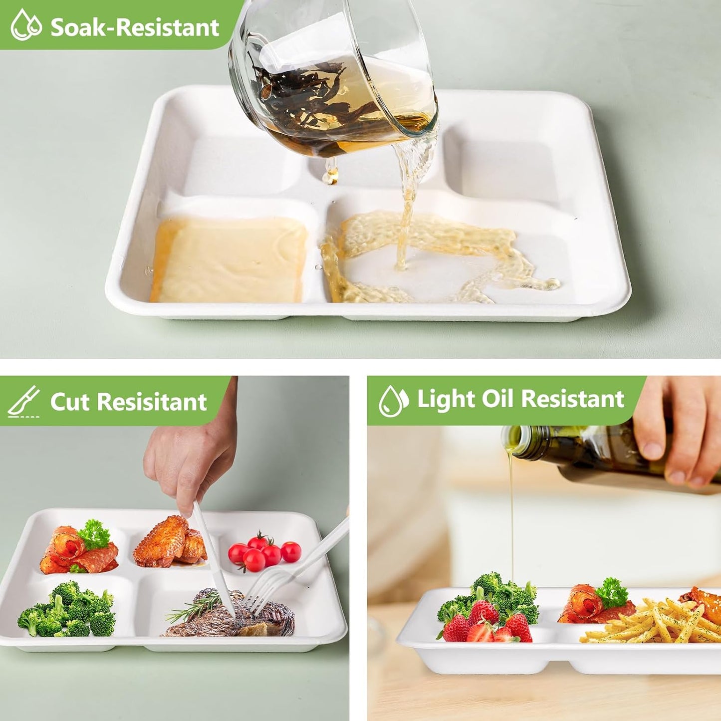 Compostable 5 Compartment Plates Disposable, 10.25 x 8.25 inch, 125 Pack Divided Paper Plates Heavy Duty, Biodegradable Eco-Friendly Bagasse Sectional School Lunch Trays, White 10 inch