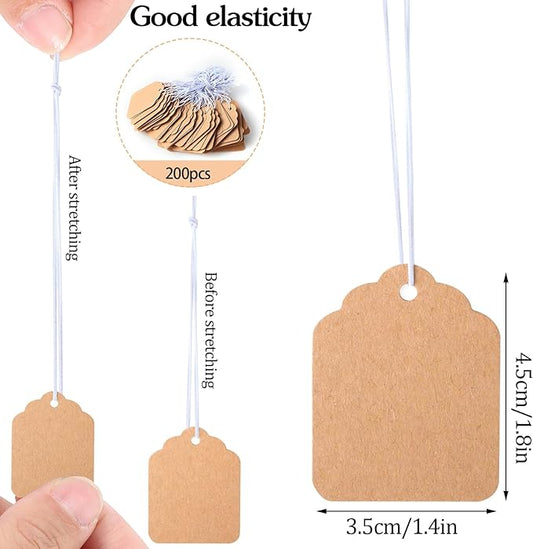 200 Pcs Small Price Tags, Paper Tags with Elastic String, Writable Blank Kraft Gift Tag for Clothes Jewelry Valentine's Day Gifts (1.38×1.8Inch, Brown)