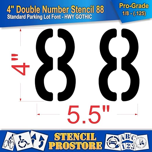 Pavement, Curb, and WheelStop Stencils - 4 inch Double Number Stencil - (88) - 4" x 5.5" x 1/8" (128 mil) - Pro-Grade