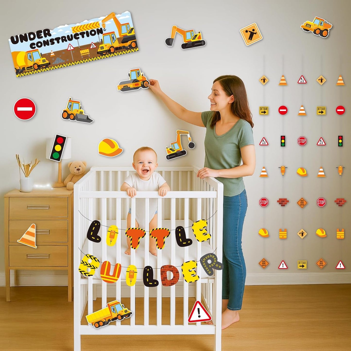 Construction Party Decorations, 20PCS Under Construction Banner Kit with Hanging Signs, Banners, Cutouts and Door Décor, Pre-Strung Building Theme Decor for Birthday or Event Setup