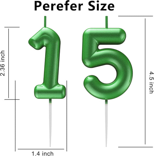 Green Number 15 Candle Happy Birthday 3D Number Candles for Birthday Cake Party Decoration Wedding Anniversary Celebration Supplies