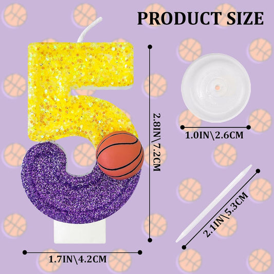 HXOUSE Basketball Number 5 Birthday Candles - Purple Gold Birthday Candles for Cake, 5 Candle for Basketball Theme Cake Topper, Boys Sport Party Decorations Gifts (No.5)