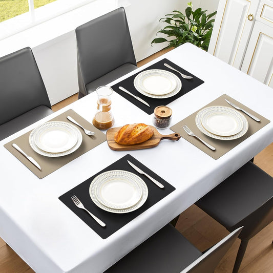 MOSAYT Vinyl Placemats Set of 6, Heat Resistant Place Mats 100% Waterproof Washable & Wipeable Faux Leather Reversible Table Mats for Kitchen Dining Party Indoor Outdoor, 12" x 17", Black/Khaki