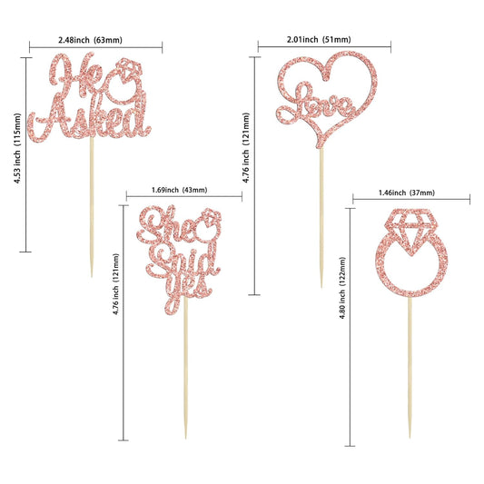 Gyufise 24Pcs Rose Gold He Asked She Said Yes Cupcake Toppers Diamond Ring Heart Cake Picks for Wedding Engagement Party Cake Decorations