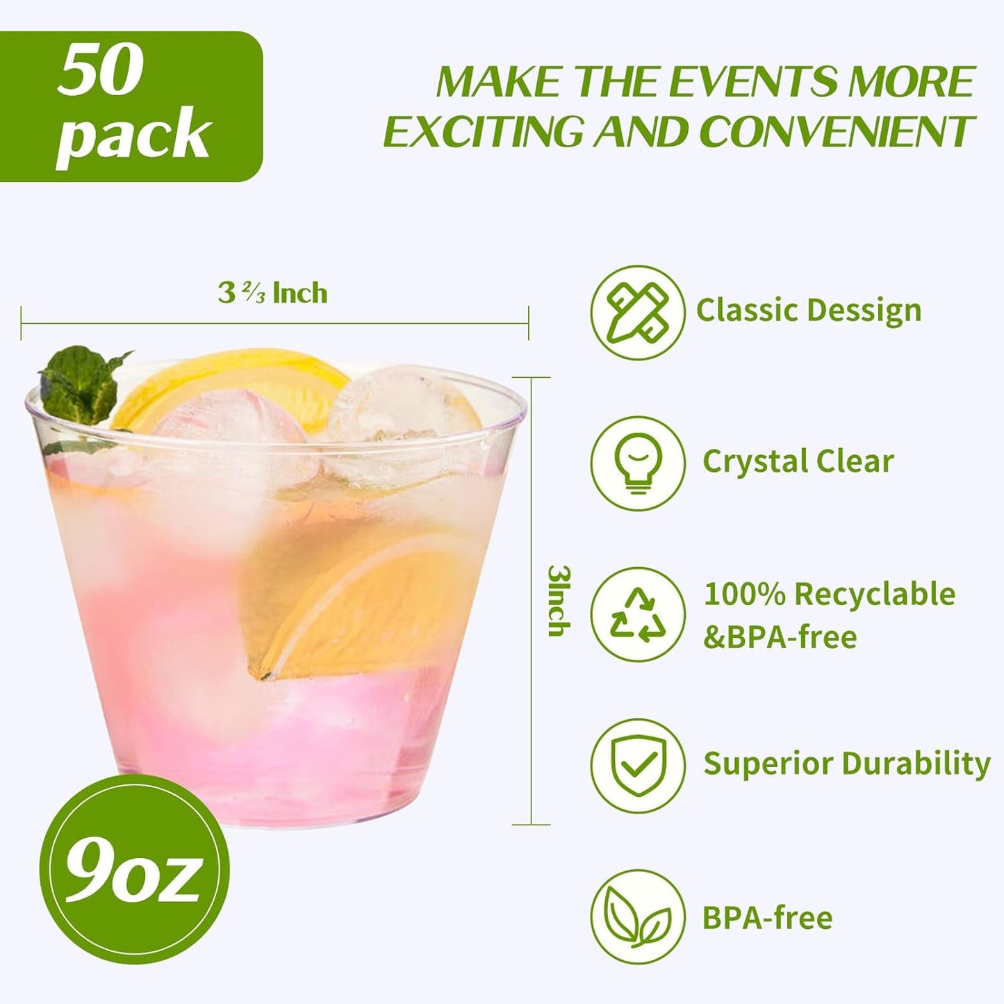 RACETOP 9 oz Clear Disposable Plastic Cups 50 Pack, Clear Plastic Cups Tumblers, Heavy-duty Party Glasses, Disposable Cups