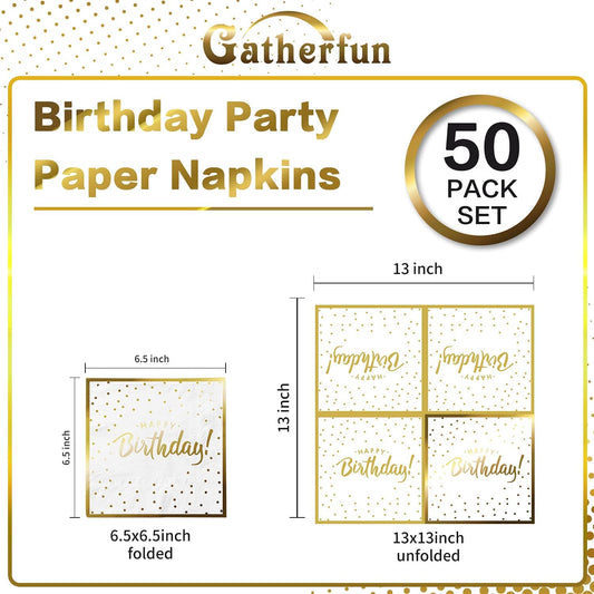 Gatherfun Birthday Party Supplies Napkins Disposable Paper Napkins with Gold Stamping for Adults and Kids Birthday Party(6.5X6.5 in, 3-Ply, 50-Pack)