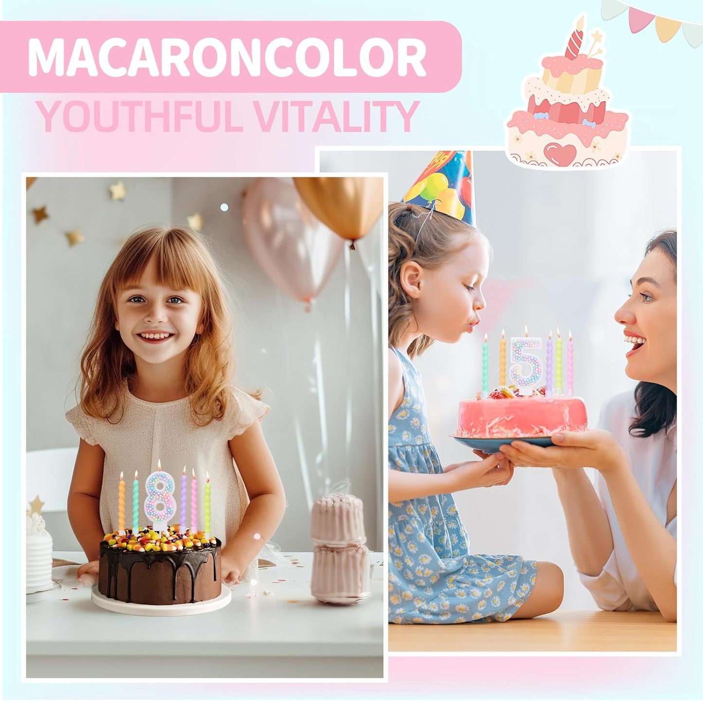Number 4 Birthday Candles for Cake with 15 Pieces Spiral Candles with Macaron Pastel Rainbow Pink Cake Toppers for Girls Happy Birthday Party Decorations