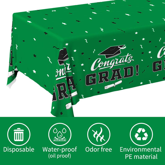 Graduation Party Decorations, Gongrats Grad Tablecover for Graduation Party Supplies, 3 pcs Green Table Cloths, 54"x108"