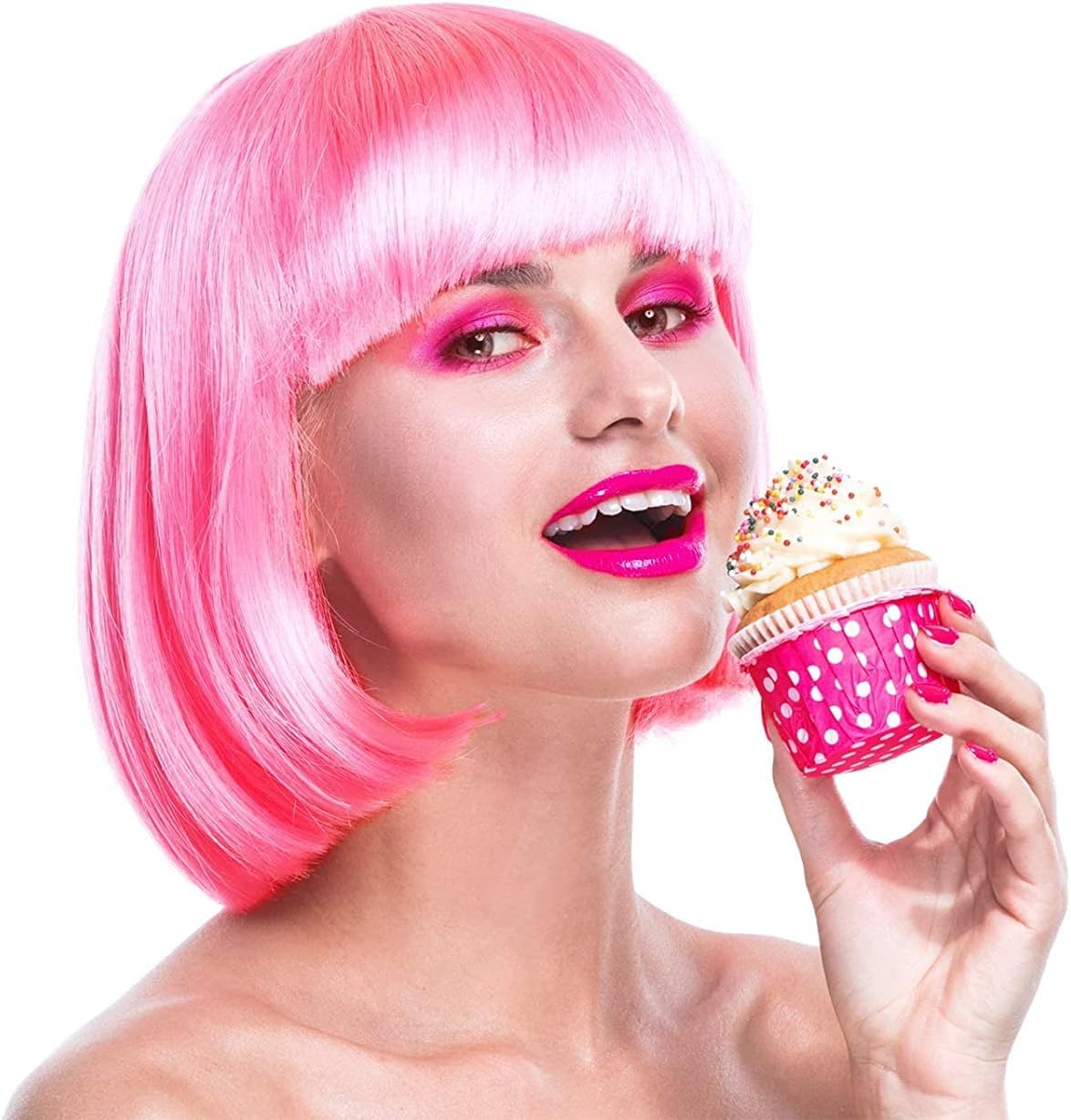 Short Bob Colors Wigs with Bangs, 6Pcs Cosplay Wig with Heart Sunglasses for Halloween Bachelor Party Decorations