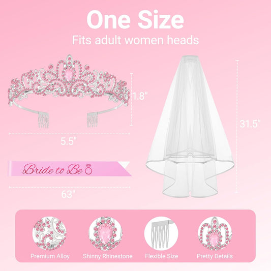 3Pcs Bride to Be Crown with Sash and Veil for Bachelorette Party Decorations, Bridal Shower Accessories for Gift, Favors
