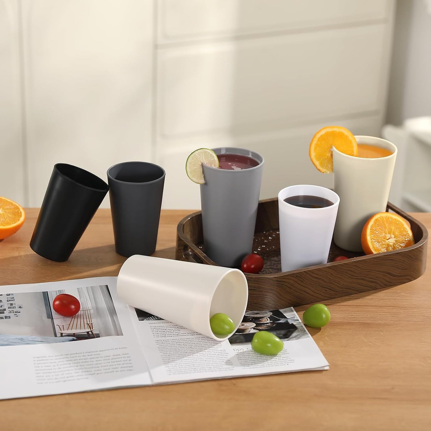 24 Pcs Unbreakable Plastic Cups Set, 12 Pcs 14 oz and 12 Pcs 20 oz Reusable Plastic Cups, Stackable Water Tumblers, Drinking Cup for Kitchen, BPA-free, Dishwasher and Microwave Safe, 6 Colors