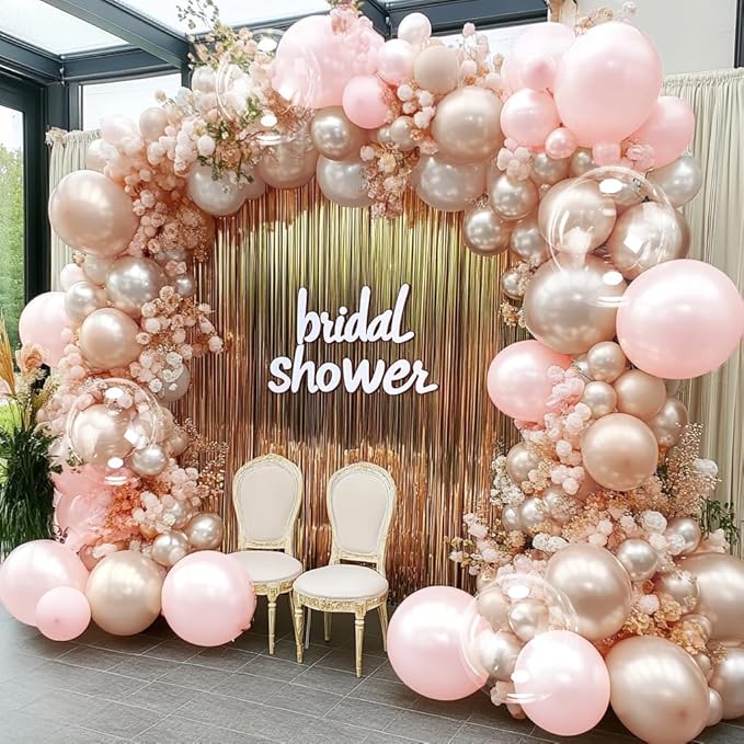 Pearl Balloon Arch Double Stuffed Pearl Rose Pink Metallic Balloon Garland Kit Different Sizes 12/10/5in With Clear Bobo Balloons for Birthday Wedding Bridal Baby Shower Engagement Party Decor