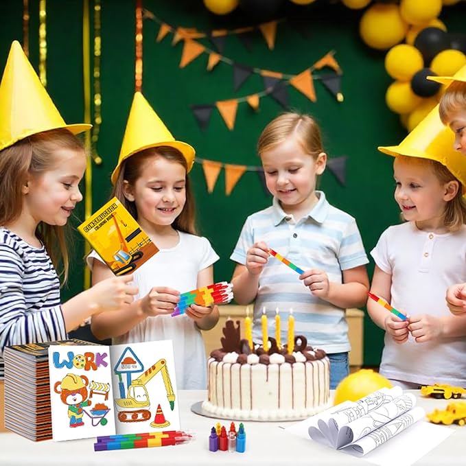 BenLouis 24 Construction Mini Coloring Books Kids with 24 Stacking Crayons Excavator Theme Party Favors Activity Books Bulk for Kids Construction Birthday Goodie Bag Gift Stuffer Classroom Reward