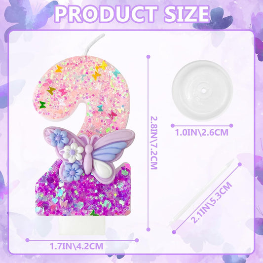 HXOUSE Butterfly Number 2 Birthday Candles - Pink & Purple Butterfly Birthday Candles for Cake, 2 Candle Topper for Anniversary Celebrations Supplies, Fairy Party Decorations for Girl (Number 2)