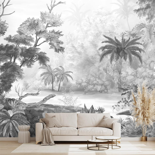 Grey Tropical Rainforest Plant wallpeper Living Room Bedroom Jungle Botanical Wall Mural - 160"x108"(Not Peel and Stick)