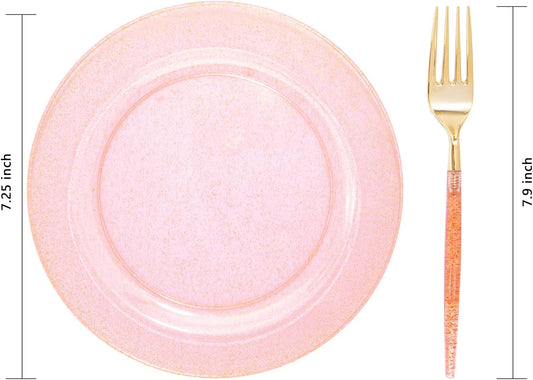 LIYH 96 Pcs Gold Glitter Plastic Dessert Plates 7.5 Inch, Plastic Fancy Cake Plates and Forks, Disposable Salad Plate, Dessert Forks 7.5 Inch for Birthday Bridal Shower 48 Guests