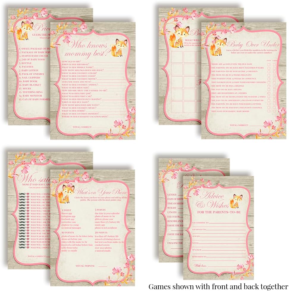 Baby Shower Games 8 Game Set Pink Watercolor Woodland Fox Girl 80 Double-Sided Cards for 20 Guests. Baby Shower Bingo, Baby Predictions & Activities for Guests. Theme for Girl