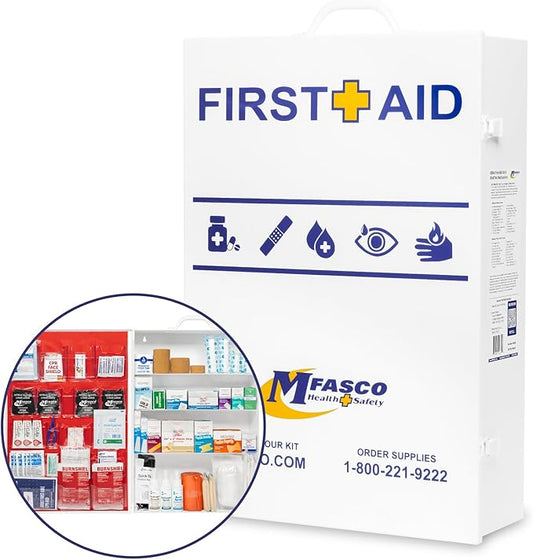 MFASCO 4 Shelf Commercial First Aid Kit, Type I & II, 2021 OSHA Approved,ANSI Z308.1-2021 Compliant, 528 pcs Latex-Free, Wall Mount Cabinet,No Medications,Easy Refilling Instructions, with Tourniquet