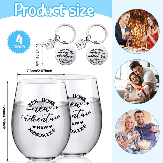 Lallisa 4 Pcs Housewarming Gifts for New House 2 Stemless Wine Glasses Bottle and 2 New Home Keychain Adventures Keyrings for Newlywed Couple, Friends, Apartment Homeowner Newlywed