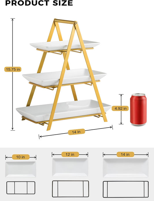 YHOSSEUN 3 Tier Serving Tray, Porcelain Tiered Tray Stand, 10+12+14 Inch Serving Platters and Trays with Collapsible Sturdier Rack, 3 Tiered Serving Stand Dessert Stands Treat Table Display Set, Gold