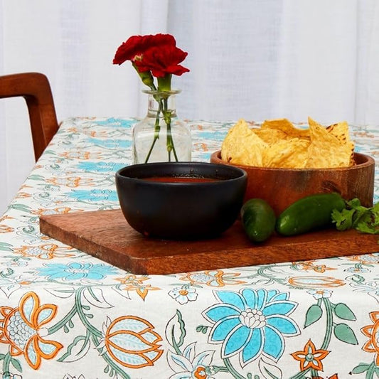 Block Print Cotton Dining Table Cloth, 90" x 60", Rectangle Tablecloth, Decorative Fabric Table Cover, Holidays, Thanksgiving, Christmas, Weddings, Housewarming Gift (Orange Turquoise Blue Lotus)