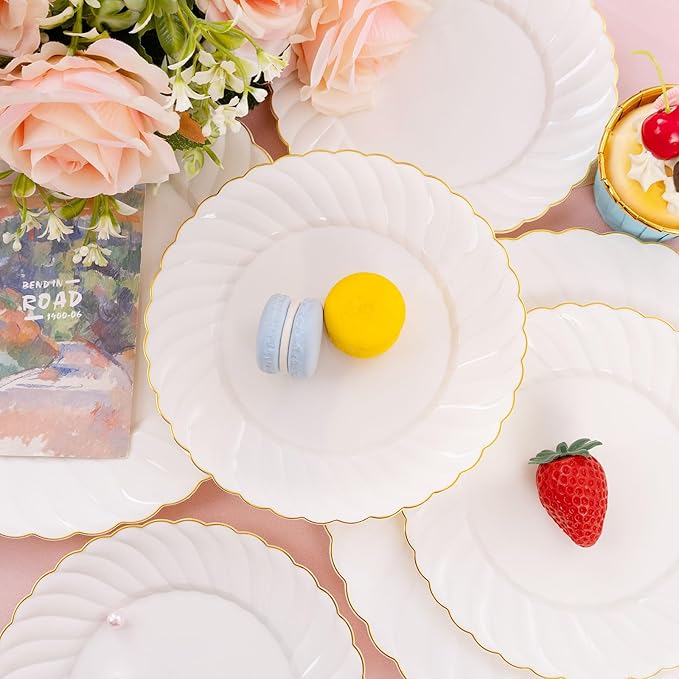 U-QE 100 Piece Ivory Scalloped Plastic Plates for Party with Gold Rim - Plastic Party Plates Disposable Heavy Duty - High End Disposable Plates Include 50pcs Dinner Plates 9"&50pcs Dessert Plates 6.5"