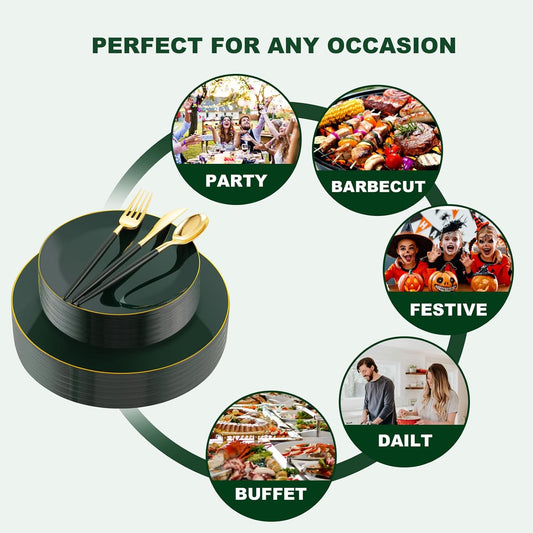 Liacere 150PCS Green Plastic Plates - Gold Plastic Silverware with Green Handle - Heavy Duty Fancy Plastic Plates Disposable Include 30 Guests Plates, Forks, Spoons, Knives for wedding&Christmas