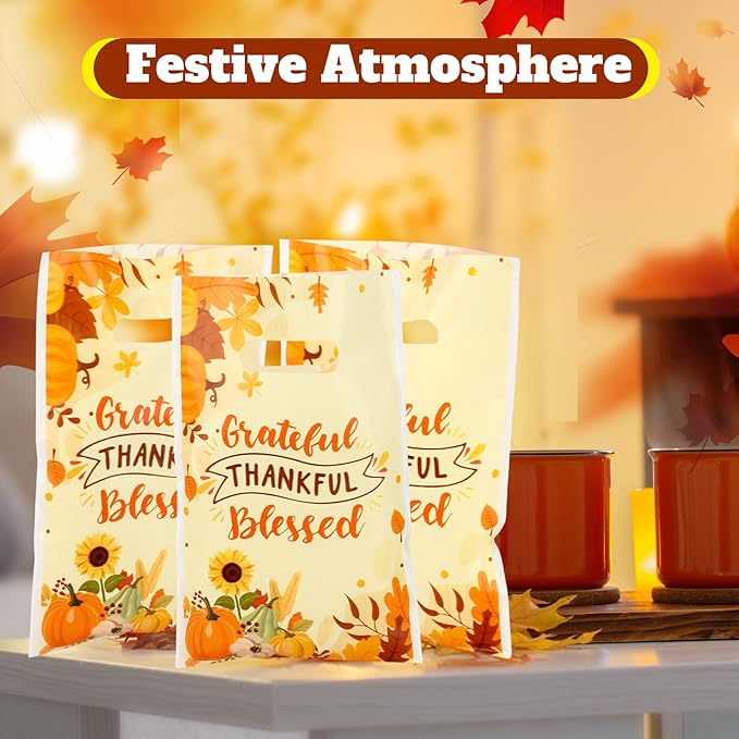 Supervitae 100 Pcs Thankful Grateful Blessed Party Gift Bags Fall Harvest Favor Bags Bulk with Handles for Thanksgiving Snacks Goodie Candy Treat Party Supplies