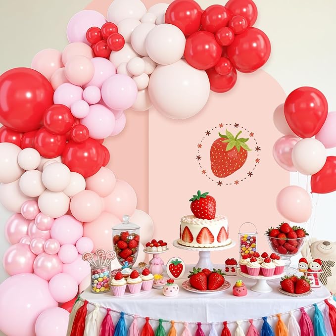 Amandir 153pcs Red and Pink Balloons Arch Garland Kit, Different Sizes 18 12 10 5 inch Strawberry Cherry Pastel Pearl Light Pink Balloon Sweet One Shower Berry First Birthday Summer Party Decorations