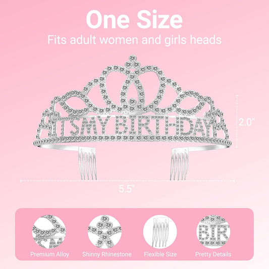 Birthday Tiara and Crown with Sash, Birthday Tiara for Women Party Silver
